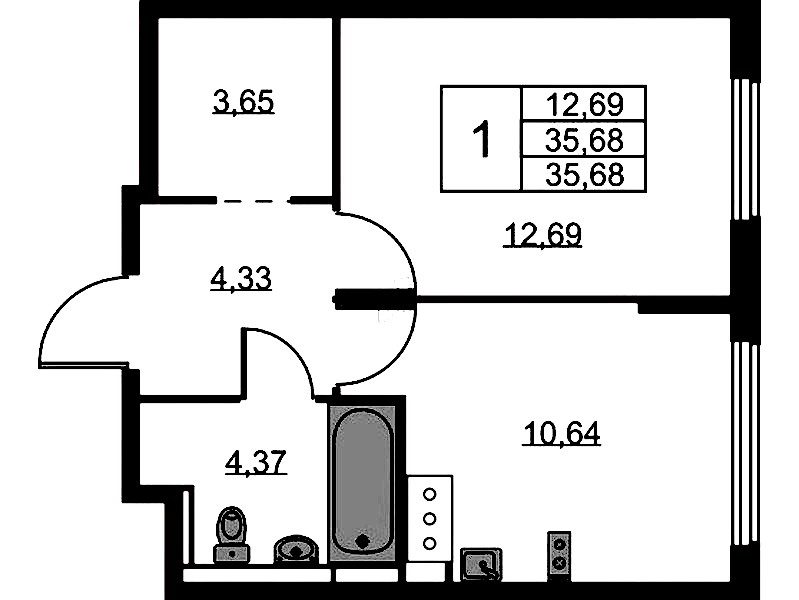1-комнатная квартира 35.68 м², 11/11 эт., ЖК «Новое Колпино»